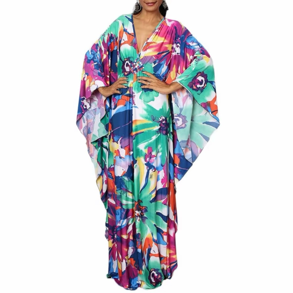 Bsubseach Women Kaftan Beach Dress Plus Size Swimsuit Coverup Multicolor Floral